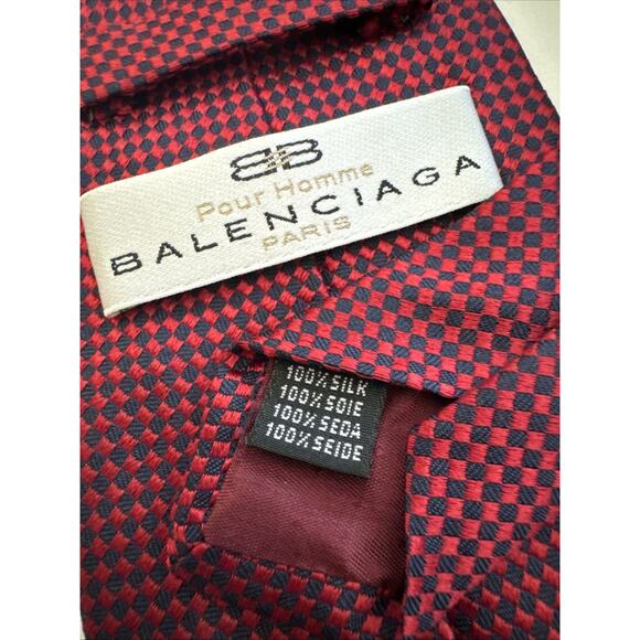 Vintage Balenciaga Diamond Pattern 100% Silk Neck Tie Made In Italy Blue Red - Picture 1 of 6